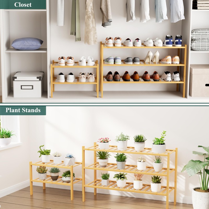 Smiry Shoe Rack, 2 Tier Small Bamboo Shoe Organizer, Stackable