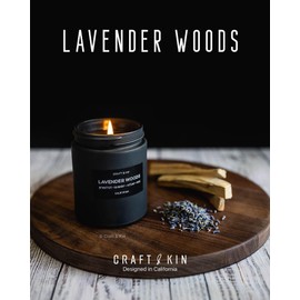 Craft & Kin Craft & Kin Premium Lavender Woods Candle | Black Scented Candles for Men | Long Lasting with 45 Hour Burn Time, 7.6oz | Made with Soy | Aromatherapy at Home | Gifts for Men