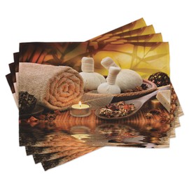 Lunarable Spa Place Mats Set of 4, Outdoor Spa Massage Setting at Sunset with Candlelight Reflections Culture Theme, Washable Fabric Placemats for Dining Room Kitchen Table Decor, Orange Mustard