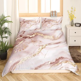 Juego de ropa de cama de mármol para niñas, funda de edredón con patrón de mármol rosa pastel y dorado para niños, con líneas agrietadas con purpurina dorada, colorida, funda de edredón de arte
