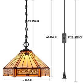 WERFACTORY Tiffany Pendant Light Plug in Yellow Hexagon Stained Glass 12 Inch Mission Hanging Lamp S011 Series