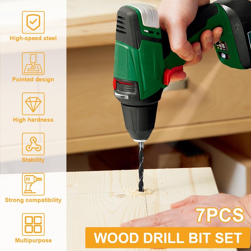 7Pcs Extra Long 9.05" Brad Point Wood Drill Bit Set,