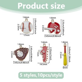 DICOSMETIC 50Pcs 5 Styles Sport Charm Bulk Baseball Theme Charm Alloy Enamel Sport Pendant Baseball Bat Cap Shoes Gloves Charms for Necklace Bracelet Earring Jewelry Making