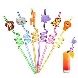 Ulife Mall Reusable Drinking Straws Novelty Safari Party Straws Curly Hard Plastic Straws Kids Birthday Party Decorations Supplies Family Reunion Party Favors - Pack of 6
