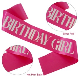 KETAOO Birthday Girl Sash, Silver Foil Hot Pink Birthday Sash for Girl Sweet 16th 18th 20th 21st 30th Fun Birthday Party Gifts Favors Decorations