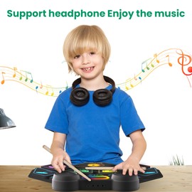 Vicbueges Electronic Drum Set, 9 Pads Roll Up Drum Kit, Built-in 2 Foot Pedals, Drumsticks, Headphone Jack, MIDI Support, Graphic