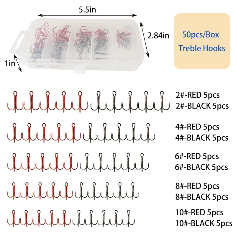 50pcs/Box Treble Hooks Set Fishing Hooks 3 Claw Fishing Hooks