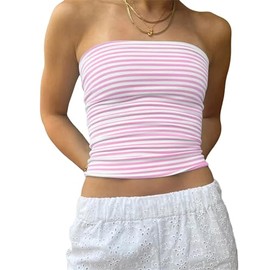 Cioatin Women Strapless Striped Bandeau Tube Tops Y2K Aesthetic Sleeveless Backless Crop Tank Going Out Summer Girls Pink White