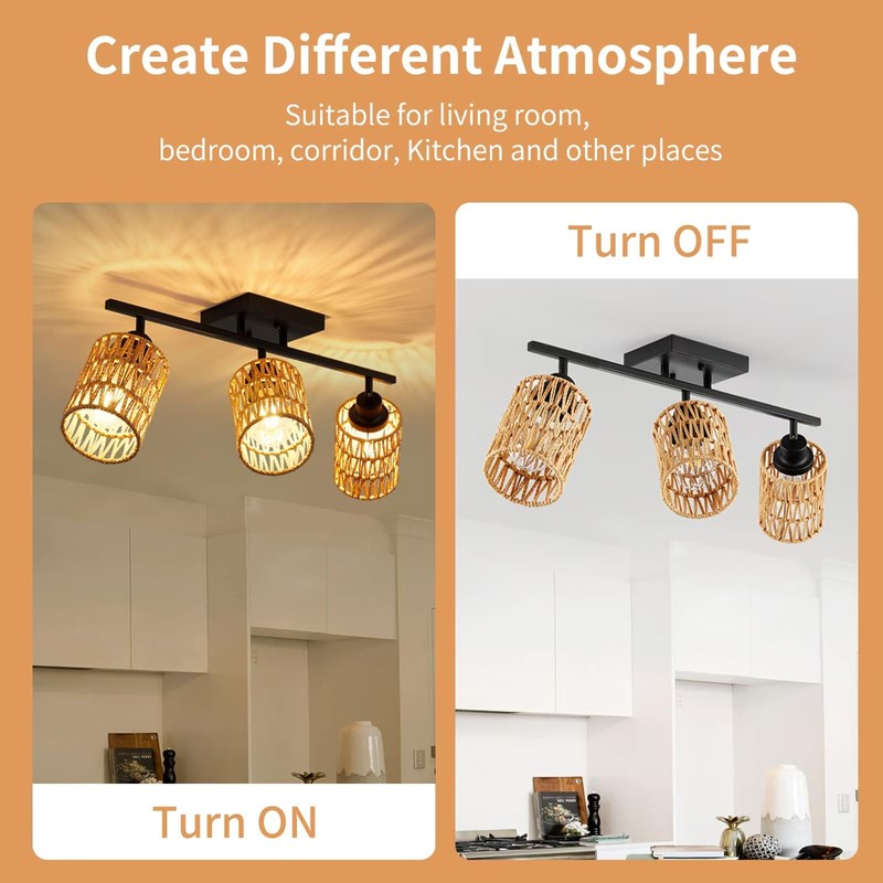 AIBISOD 3-Light Rattan Ceiling Lighting Kits Track Lighting Fixture with