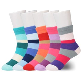 EPEIUS Kids Girls' 5 Pack Seamless Rainbow Stripes Crew Socks for 3-5 Years,Smooth Toes Socks,Shoe Size 8.5-11,Red/Blue/Green/Orange/Purple