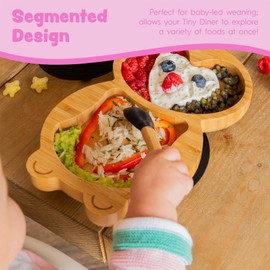 Tiny Dining Baby Plate with Suction Cup - Penguin - Navy Blue - Divided Non-Slip Bamboo Self-Feeding Baby Weaning Plate for Babies, Toddlers, Children