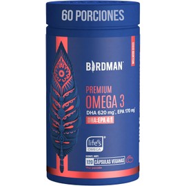 Birdman Premium Omega 3 a base de Algas (Ratio DHA:EPA 4:1) | Fórmula 100% Vegetal | Libre de Contaminantes y Aditivos | Cápsula Vegana | Suplemento Alimenticio | 60 Porciones | 120 Cápsulas