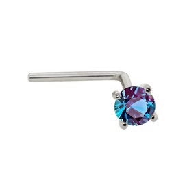 Solid 14K White Gold L-Shape Stud 2.5mm Lab-Alexandrite 22G L-bend Nose Stud - June Birthstone Nose Ring Stud LS-LALX25WG