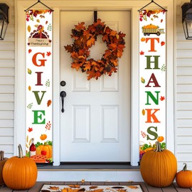 Thanksgiving Front Porch Banner - GIVE THANKS Banner Porch Door Sign Autumn Fall Decor - Decorations Autumn Pumpkin Maple Leaf Porch Sign for Fall Party Home Yard Indoor Outdoor Wall Docor 71"x12"