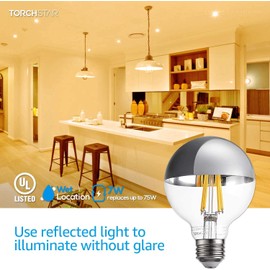 TORCHSTAR Dimmable Half Chrome Light Bulb, 7W (75W Eqv.), Anti Glare LED Light Bulbs, UL Listed, E26 Silver Dipped Bulb, G25 Globe Light Bulbs for Bathroom, Vanity, Mirror, 3000K Warm White, Pack of 6