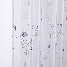 Taisier Home Purple Flower Buds Sheer Curtains for Living Room Floral Embroidery 45 inch Long Rustic Voile Window Curtain Drpaes for Bedroom Rod Pocket 2 Panels