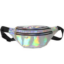 Fashion Metallic Bum Bag with Adjustable Strap Smooth Zip Three Compartments, Women's Leather Shiny Holographic Waist Bag, Women's Crossbody Waterproof Waist Bag for Party Sports Outdoor Travel