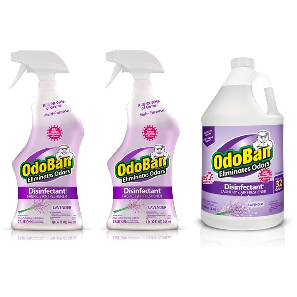 OdoBan Ready-to-Use Disinfectant and Odor Eliminator, Set of 3, 2 Spray Bottles, 32 Ounces Each and 1 Gallon Concentrate, Lavender Scent