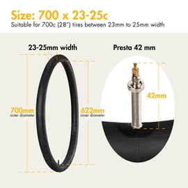 LotFancy 700x23c/25c Bike Tubes, 42mm Presta Valve, 2 Pcs 700x25c 700x23c 23-622 25-622 Road Bike Tubes