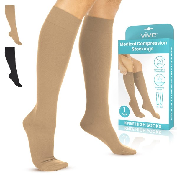 Vive Compression Stockings for Women, Men | 15-20 mmHg Medical Compression Support for Varicose Veins - Ultra Sheer TED Style Hose- Knee High for Swelling, Soreness, Maternity, Pregnancy, Nurses