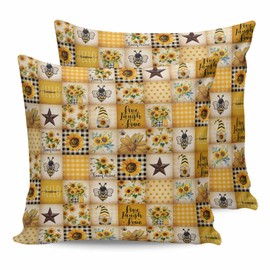 Wenkeqivb Outdoor Pillow Covers Pack of 2, Farmhouse Gnome Sunflower Bee Star Waterproof Throw Pillowcase Cushion Cases, Vintage Yellow Plaid Decorative Pillow Cover for Couch Sofa Home Bed Patio