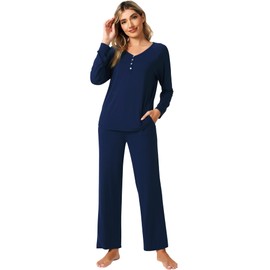 WiWi - Conjunto de pijama de viscosa de bambú para mujer, 2 piezas, ropa de descanso, ropa de dormir, suave, holgada, cómoda, con bolsillos, S-XXL, azul marino (A-Navy), X-Large