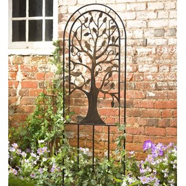 Plow & Hearth Arched Metal Garden Trellis with Symbolic Tree of Life Design, Weather-Resistant Matte Black Powder-Coat Finish and Burnished Bronze Highlights