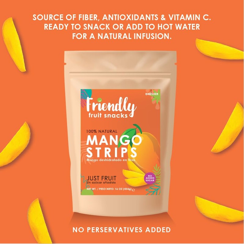 Friendly |Mango Strips |16 oz; (1 LB)| Natural, Unsweetened, Vegan,