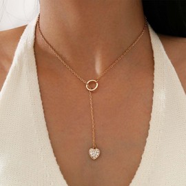 Vacaonio Bohemia Crystal Heart Y Lariat Necklace Cz Heart Y Drop Necklace Chain Gold Circle Lariat Necklace Long Heart Y Shape Necklace Jewelry for Women