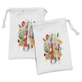Lunarable Fruits Fabric Pouch Set of 2, Fruit Cocktail with Splashing Liquid Strawberry Tropics Cheerful Fun Summertime, Small Drawstring Bag for Toiletries Masks and Favors, 9" x 6", Multicolor