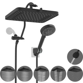 Hibbent Upgraded 5-spray 13'' Shower Head, High Pressure Rainfall Shower Head, Dual Showerhead Combo with 10-mode Handheld Spray, 12'' Adjustable Extension Arm, 71'' Hose, Shower Holder, Matte Black