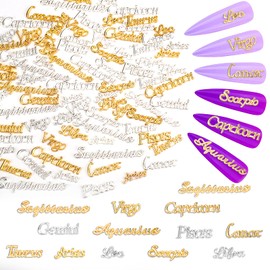 Mity rain Dijes de uñas del zodiaco, 96 piezas de doce dijes de constelación de aleación para decoración de uñas (dorado, plateado)