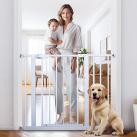 VaVaSoo Baby Gate 29-40 Inch for Stair Safety Gates for Toddlers Stairs Door Gate for Babies Room Pressure Mounted Stairs for Kids Pet Gates for Dogs Indoor with Door Child Gate for Doorways, White
