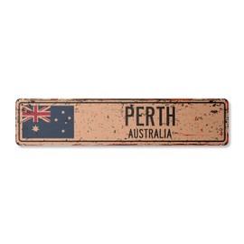 Perth Australia Vintage Aluminum Street Sign Australian Flag City Country Road Rustic Metal tin Wall Gift | Indoor/Outdoor | 18" Wide