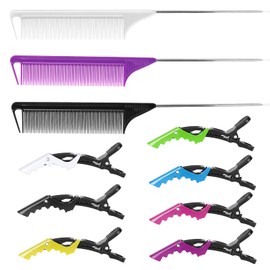 Rat Tail Teasing Comb Set with Styling Clips - 3 Steel Pin Combs, 7 Sectioning Clips for Braiding, Parting, and Salon Styling