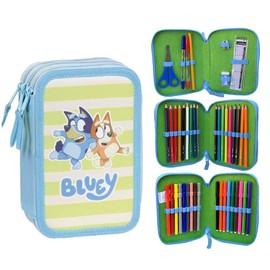 CARTOON Pencil Case with Multiple Compartments 3 Zips School Complete with Pens, Pencils, Paints, Felt Tip Pens, Bluey, pencil case