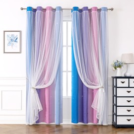 Tongcan Pink and Purple Curtains for Bedroom Living Room Blackout Ombre Curtains for Girls Star Cut Rainbow Princess Theme Home Décor Window Curtain