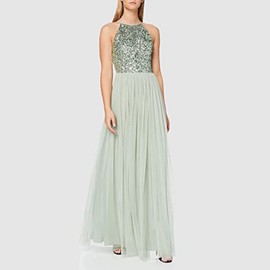 Maya Deluxe Women's Maxi Dress, Bridesmaid Halterneck, Sequins-Decorated Prom Wedding Dresses for Special Occasions, Bridesmaid Dress, Sage Green, 40