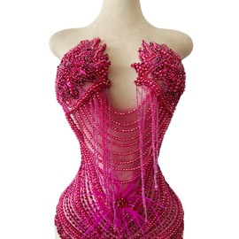 BD.SUN Handmade Sewing Tassel Beads Patches Rhinestones Bodice Applique with Ostrich Feather Decoration Shining Dress Clothing Accessories 17X27.5inches (Rose red)