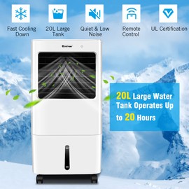 COSTWAY Evaporative Air Cooler, 3-in-1 Cooling Fan with 5.3Gal/20L Tank & Remote Control, 7.5H Timer, 4 Speeds and 3 Modes, Portable Air Cooler with 4 Wheels for Bedroom Home Office