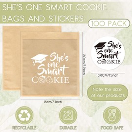 FYSUIMU 100Pcs She's One Smart Cookie Bread Bakery Bag with Window Grad Graduation Cookie Treat Bags with Stickers Kraft Paper Buffet Bags for School Party Supplies