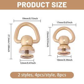 CHGCRAFT 8 Pcs 2 Style Brass Rivets Purse Ball Studs Leather Rivets with D Ring Brass Studs Rivets Metal Screw Rivet for Leather Belt Purse Crossbody Craft, Light Gold