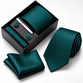 Men’s Tie Gift Set with Pocket Square, Cufflinks & Tie Clip in Gift Box, Textured Emerald Green Necktie Set for Wedding, Business & Formal Events