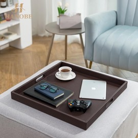 Hanobe Large Ottoman Serving Tray: Faux Leather Coffee Table Trays with Handles 22 Inch Square Extra Big Oversized Aesthetic Modern Brown Ottoman Topper for Living Room Parties Home