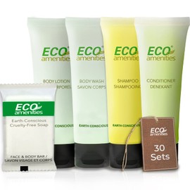 ECO Amenities 150 PIECE Hotel Toiletries Set - 5-in-1 Travel Toiletries include 30ml Shampoo, Conditioner, Body Lotion, Body Wash, and 28g Soap (30 each) - Perfect for Hotels, AirBnB, and Hospitality