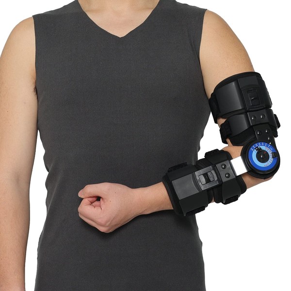 Orthomen Hinged ROM Elbow Brace, Adjustable Post OP Elbow Brace Stabilizer Splint Arm Injury Recovery Support After Surgery Fracture Rehabilitation (Left)