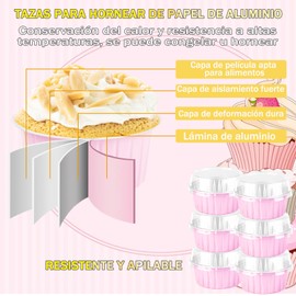 YEVDCVZX 100 Piezas 5oz Tazas de Aluminio para Hornear,Tazas de Postre de Aluminio con Tapa y Cucharas,Reutilizables,Horneables,Aptos para Magdalenas,Crema, Brulee (Rosa)