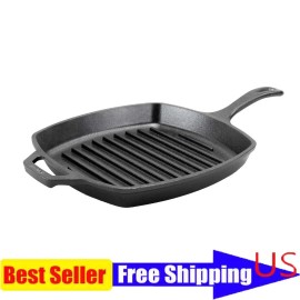 Cast Iron Seasoned 10.25" Grill Pan Nonstick Durable Skillet Indoor Outdoor