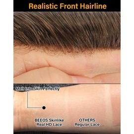 BEEOS Skinlike Real HD Lace Q6 Base Toupee for Men, 8x10 Inch Thin Skin Back and Side with Lace Front Indian Remy Human Hair Piece, Hair Replacement System #7 Light Brown