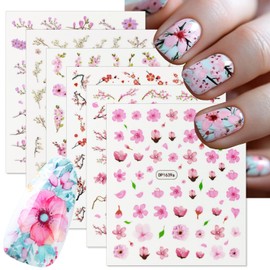 6 Sheets Flower Nail Art Stickers 3D Self Adhesive Nail Supply Pink Flowers Peach Cherry Blossom Nail Design Stickers Spring Floral Nail Decals for Women DIY Manicure Flowers Nail Decoration
